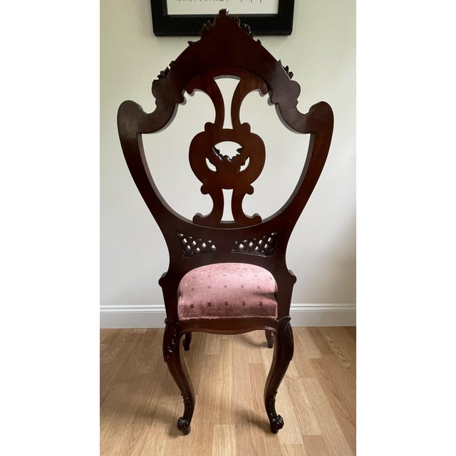 Wood Late 19th Century Victorian Mahogany Parlor Chairs – Carved Elegance With Tapestry Charm (Pair) For Sale - Image 7 of 17