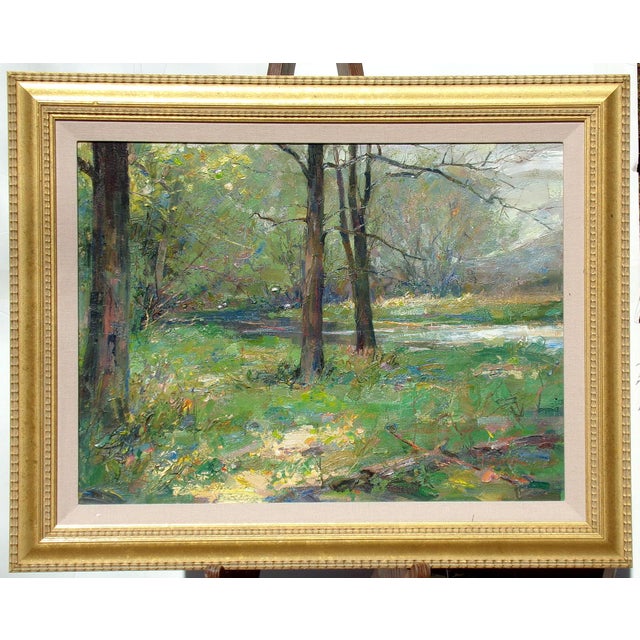 Framed original oil painting of a lush green Wisconsin landscape on board by Scott Burdick. Signed lower right corner....