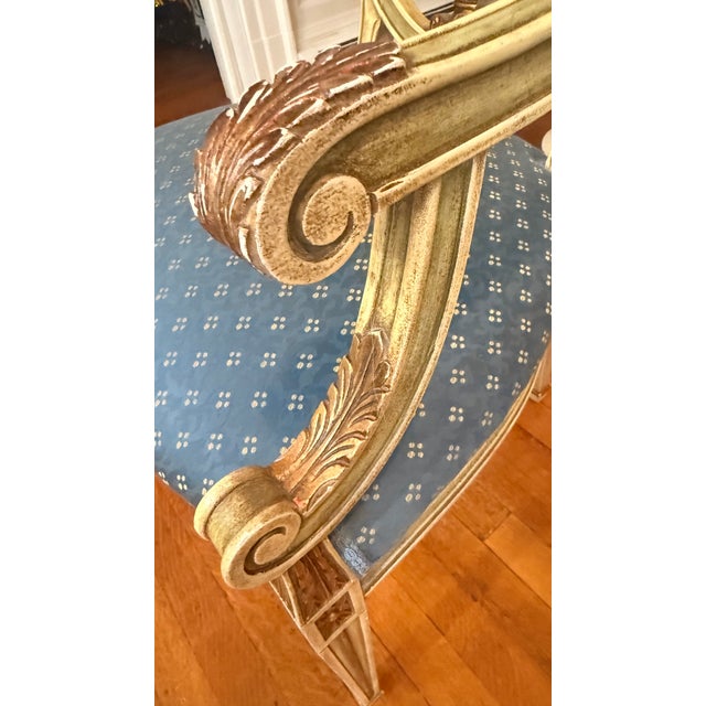 Pair of Vintage Neoclassical Painted & Gilt Louis XVI Style Armchairs With Hand-Painted Medallion Backs For Sale - Image 11 of 15