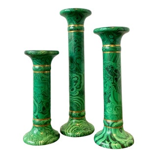 Vintage Italian Oggetti Faux Malachite Candlesticks - Set of 3 For Sale