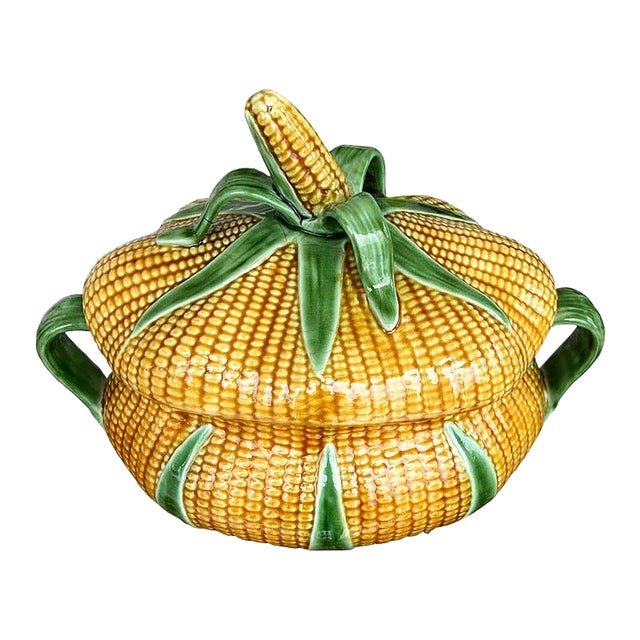 Vintage Ceramic Majolica Corn Husk Motif Tureen in Yellow and Green - Portugal For Sale