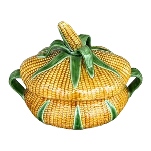 Vintage Ceramic Majolica Corn Husk Motif Tureen in Yellow and Green - Portugal