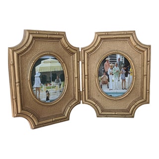 Slim Aarons Poolside Glamour Photos in a Vintage Gold Faux Bamboo Octagonal Hinged Double Frame For Sale