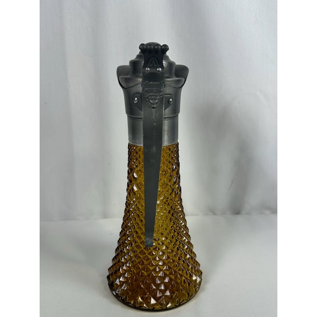 Antique Diamond Point Amber Glass Ewer Style Pitcher Pewter Lid & Handle-Rare! For Sale - Image 4 of 8