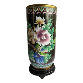Late 20th Century Chinese Birds and Peonies Cloisonné Umbrella Stand For Sale