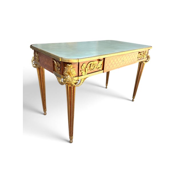 Alfred-Emmanuel-Louis Beurdeley French Louis XVI Marquetry & Gilt-Bronze Bureau Plat Attributed Maison Beurdeley For Sale - Image 4 of 8