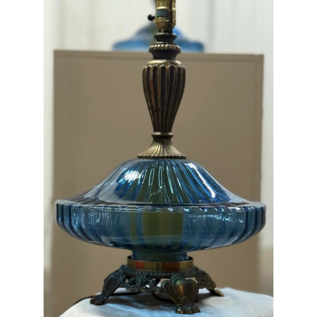 Glass Vintage Monumental Italian Hand Blown Mid-Century Blue Glass and Brass Lamps After Murano-a Pair For Sale - Image 7 of 11