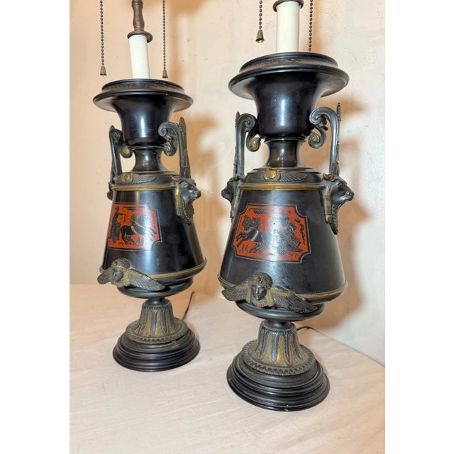 Traditional Antique Egyptian Revival Figural Bronze Marble Urn Ewer Table Lamps - a Pair For Sale - Image 3 of 18