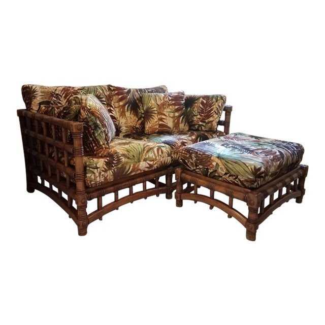 1980s Vintage Tropical Inspired Loveseat and Matching Ottoman For Sale