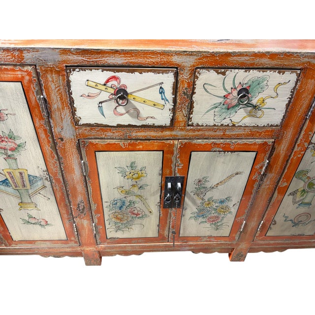 Vintage Mongolian Hand Painted Elm Wood Large Cabinet W/ Six Doors 77" W For Sale - Image 4 of 11