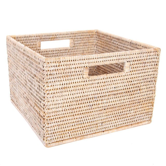 Wood Artifacts Rattan Square Storage Basket with Handles in White Wash - 12" For Sale - Image 7 of 7