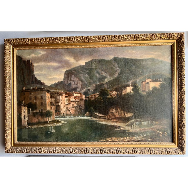 Lively Village by the River, 20th Century, Oil Painting on Canvas, Framed For Sale - Image 8 of 18