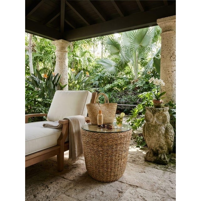 Handcrafted Woven Seagrass Drum Side Table With Glass Top For Sale In West Palm - Image 6 of 12