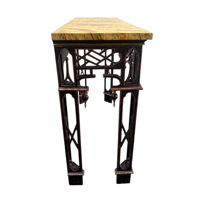 1990s Chinese Chippendale Chinoserie Faux Marble Top Console / Sofa Tables a Pair For Sale - Image 13 of 18