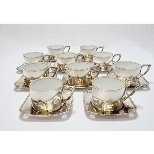 Art Deco Silver-Plated Argentor Tea Set with Karlsbad Porcelain Liners, 1930s, Set of 20 For Sale - Image 6 of 18