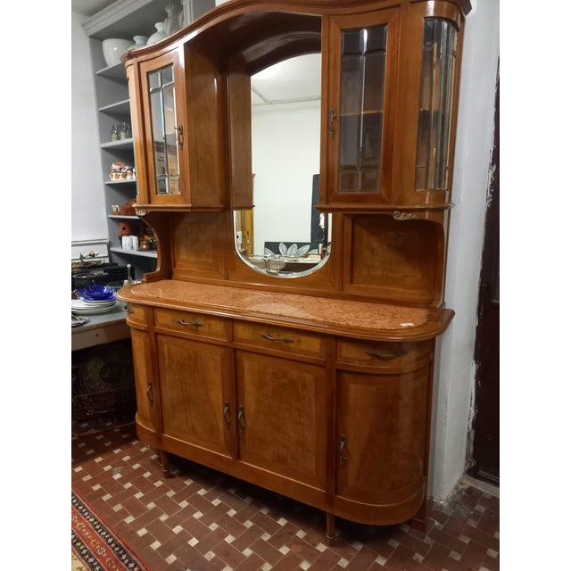 Double-Body Sideboard with Mirror and Red Marble Top, 1940s, in Very Good conditions. Designed 1920 to 1949