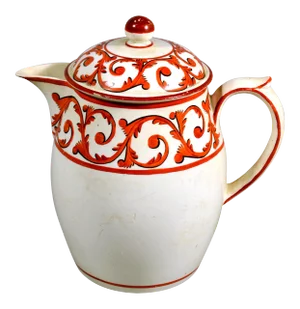 Creamware Covered Jug and Cover With Orange Foliate Scroll Designs