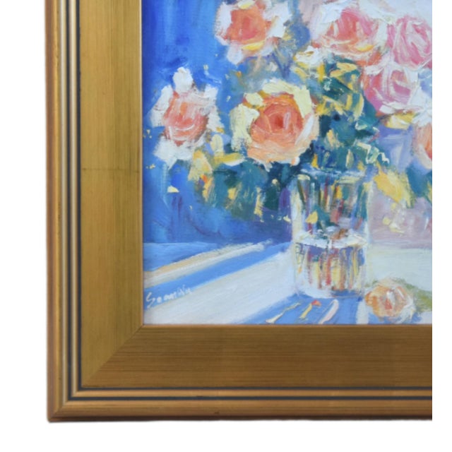 Bouquet of pastel rose flowers study, acrylic painting on artist panel. Included are the antiqued gold wood frame and...