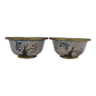 Chinese Small Cloisonne Flower Branch Green Interior Bowl Pair For Sale
