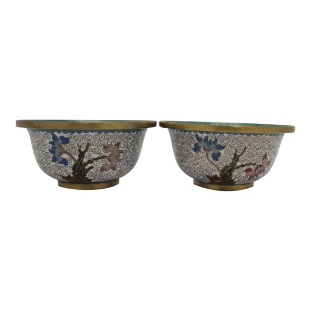 Chinese Small Cloisonne Flower Branch Green Interior Bowl Pair For Sale