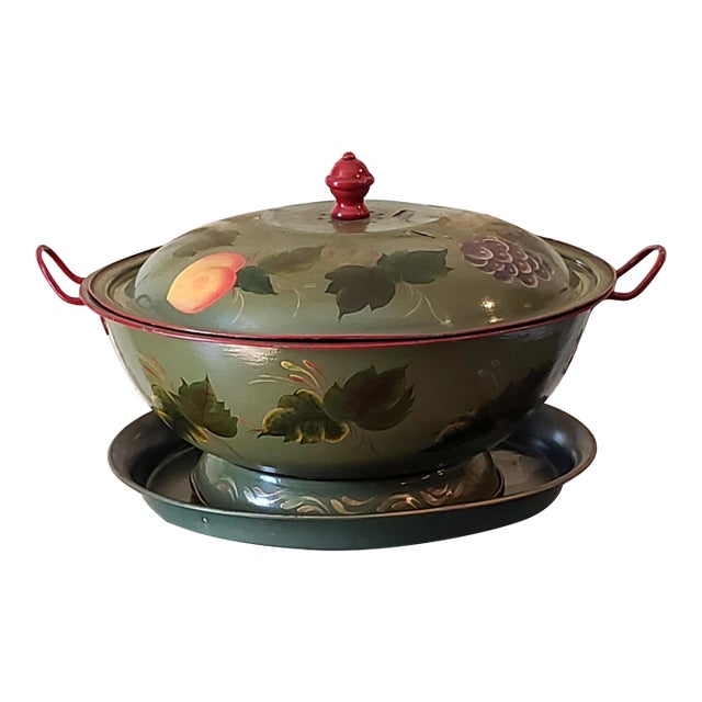 Vintage Hand Painted Tole Large Bowl, Lid With Wood Handle & Round Tole Toleware Tray For Sale