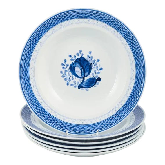 Faience Tranquebar Deep Plates with Blue Decoration from Aluminia, Set of 6 For Sale