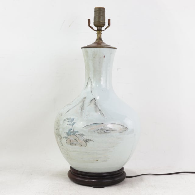 Antique Chinese Porcelain Landscape Vase Lamp Hand Painted Mountain and Pavilion Motif For Sale - Image 4 of 14
