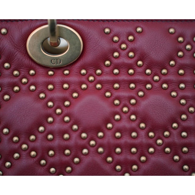 Christian Dior Medium Lady Dior Cannage Studded Burgundy Leather Bag With Strap For Sale - Image 11 of 12