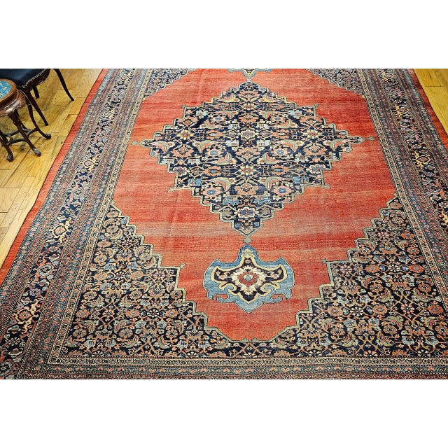 19th Century Oversized Persian Bidjar Rug, Hand-Knotted Wool, Geometric Pattern, Red & Navy, 11x15 For Sale - Image 9 of 18