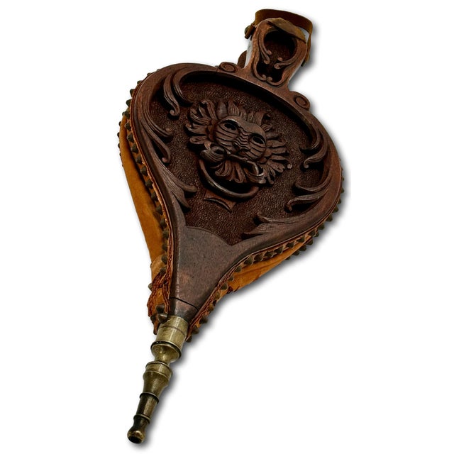 Wood Fine Antique Hand Carved Walnut Black Forest Fireplace Bellows Northwind For Sale - Image 7 of 18