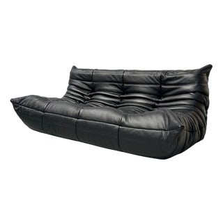 French Togo Sofa in Thick Black Cow Leather attributed to Michel Ducaroy for Ligne Roset, 1970s For Sale