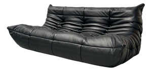 French Togo Sofa in Thick Black Cow Leather attributed to Michel Ducaroy for Ligne Roset, 1970s