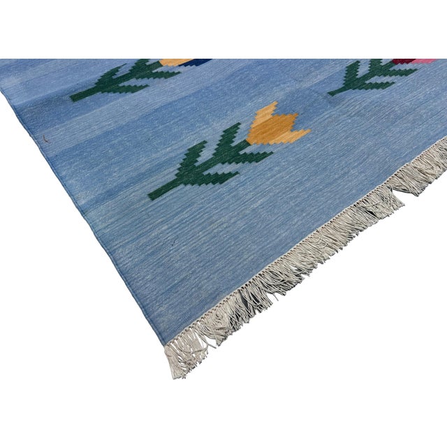 Textile Handmade Cotton Vegetable Dyed Flat Weave Area Rug, Sky Blue Leaf Dhurrie - 8'x10' For Sale - Image 7 of 13