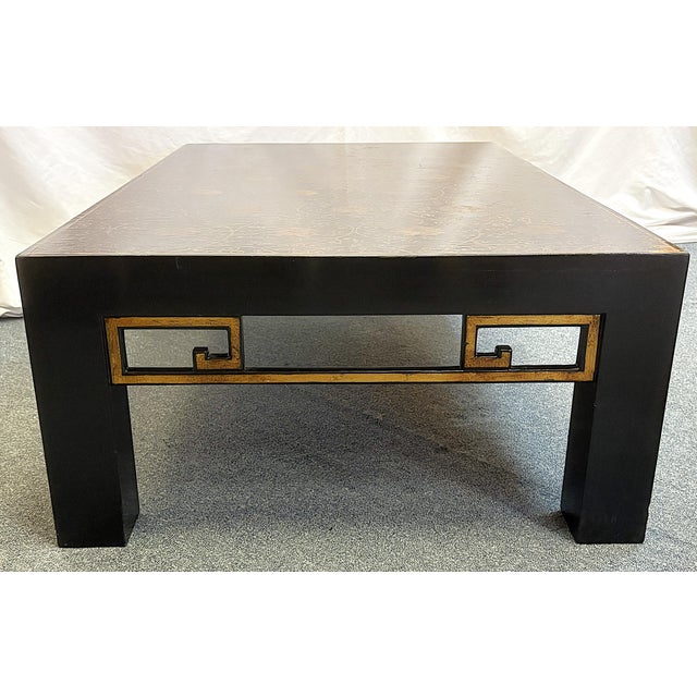 Wood Vintage Chinoiserie Style Black Lacquer Coffee Table With Gold Floral Designs For Sale - Image 7 of 18