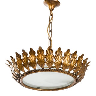 1950s Spanish Gilt Metal Sunburst Chandelier With Frosted Glass and Acanthus Leaves For Sale