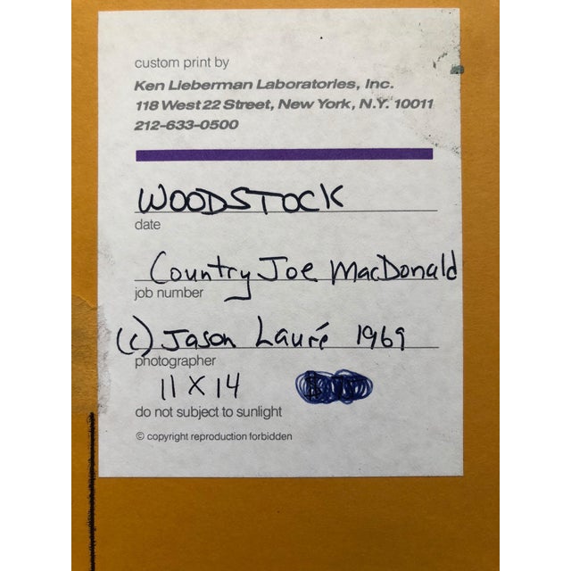 Jason Laure, Original Hand Signed Rock & Roll Photograph Woodstock Country Joe Macdonald, 1969 For Sale In Miami - Image 6 of 7