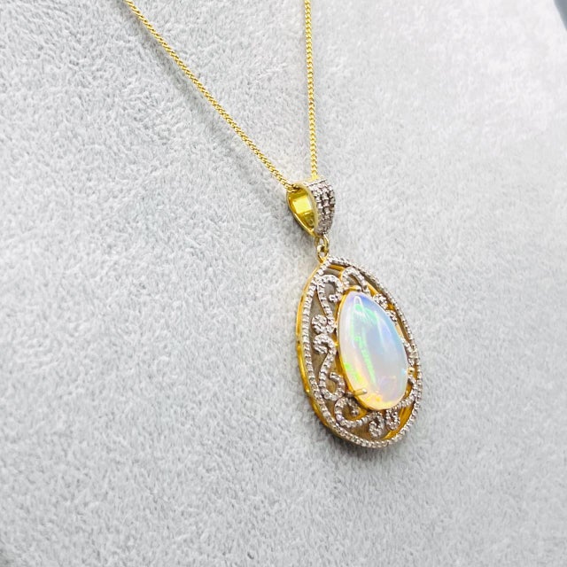 Vintage Art Deco Style Pear Opal and Diamond Teardrop Statement Pendant in Gilded 925 Silver, 1980s For Sale - Image 11 of 15