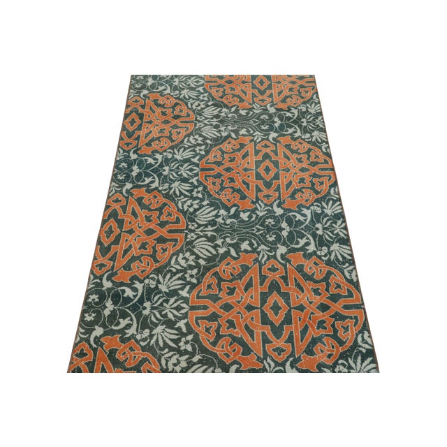 1950s Vintage Hereke Runner Rug in Teal With Orange Arabesque Medallions | Rug & Kilim For Sale - Image 5 of 8