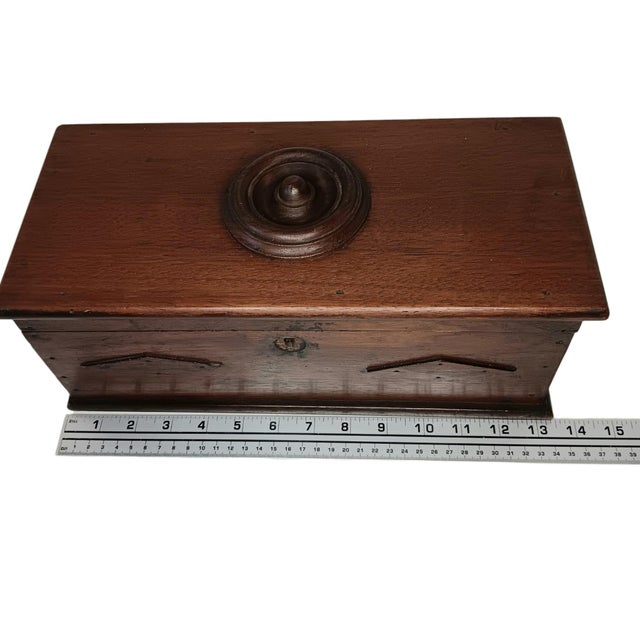 Antique Wood Box Dark Rustic Brown Diamond Design With Round Medallion For Sale - Image 13 of 18