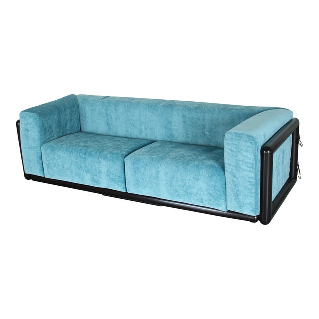 Mid-Century Modern Iroko Cornaro Sofa in Wood and Azure Velvet by Carlo Scarpa for Studio Simon, 1974 For Sale - Image 3 of 18
