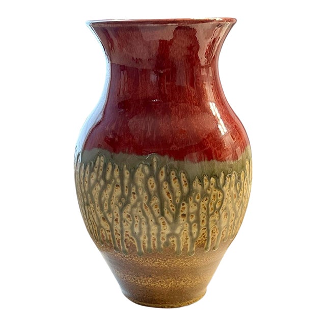 Late 20th Century Ray Pottery Drip Glaze Vase North Carolina Studio Art-Red Green Brown-Ceramic For Sale