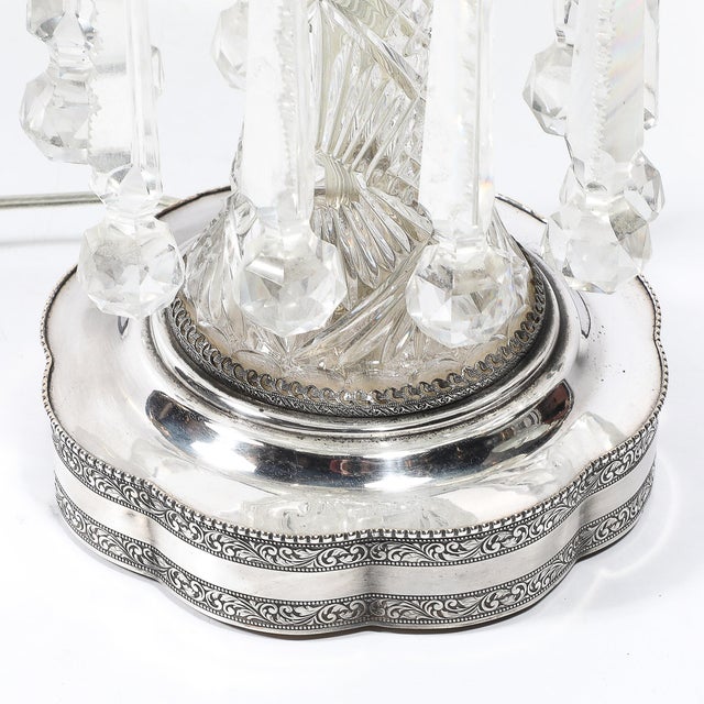 Pair of Art Deco Czech U S Zone Cut Crystal and Silver Plated Table Lamps For Sale - Image 4 of 18