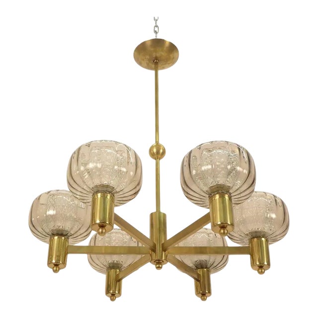 Brass and Smoke Glass German Chandelier For Sale