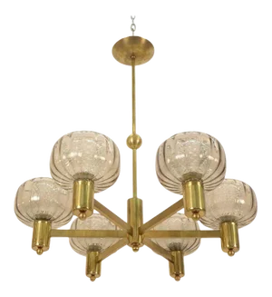 Brass and Smoke Glass German Chandelier