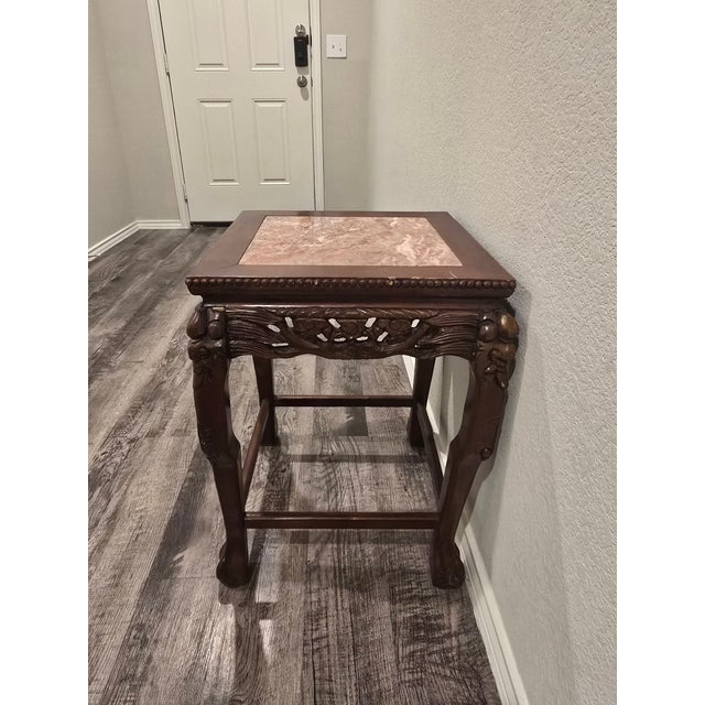 Chinese Antique Chinese Carved Hardwood Marble Table For Sale - Image 3 of 9