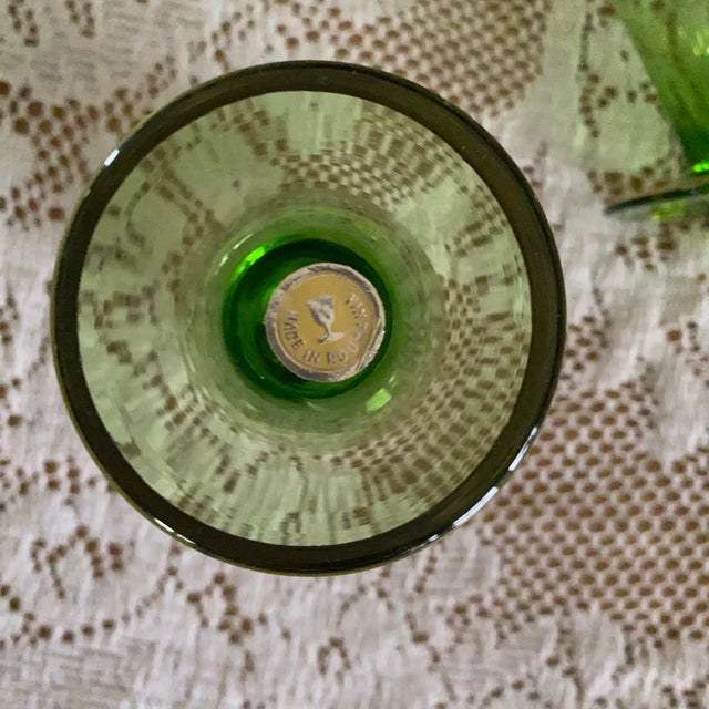 Vintage Made in Roumania Green and Gold Gilded Glass Decanter and Glassware Set For Sale - Image 4 of 5