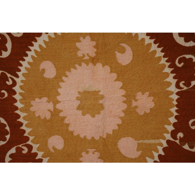 Pink Uzbek Suzani: Rust & Pink Embroidered Cotton Textile 4'3'' X 4'4'' For Sale - Image 8 of 12