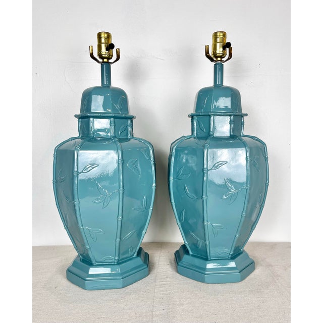 Vintage pair of faux bamboo ginger jar style lamps, newly lacquered in high gloss enamel. Heavy plaster ginger jar urn...