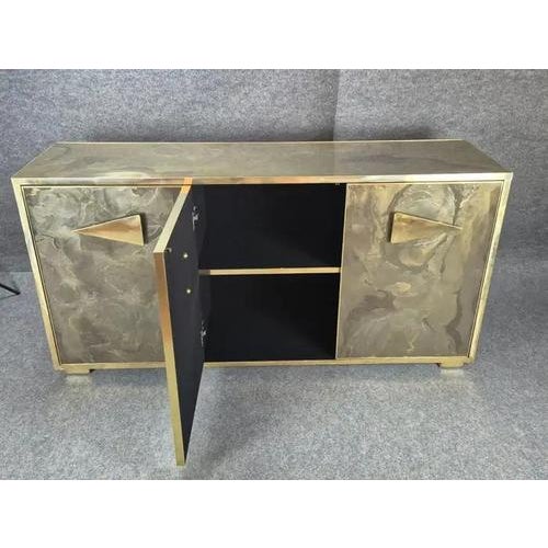 Wood Custom Murano Glass Sideboard with Hand-Painted Doors and Brass Details by Justfurnituress For Sale - Image 7 of 11