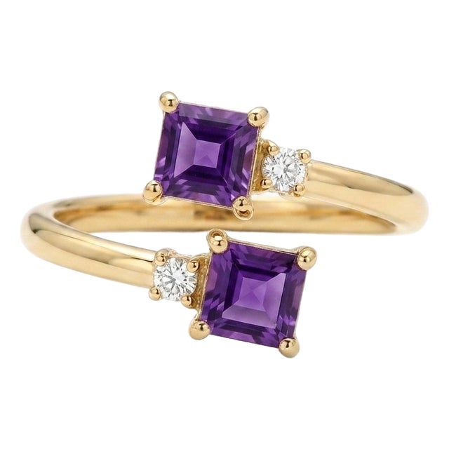 Natural Amethyst Two Stone Bypass Ring • February Birthstone Cluster Ring • Alternative Engagement Ring Us 7 For Sale